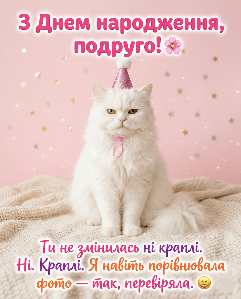 прикольні привітання з днем народження подрузі — кіт ковпак рожевий гумор жарт не змінилась