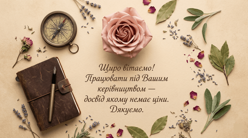 привітання з днем народження шефу своїми словами — троянда компас блокнот тепле щире