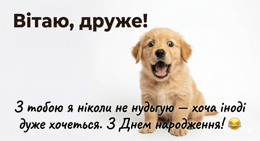 смішні привітання другу з днем народження — здивований пес гумор жарт друг мем листівка