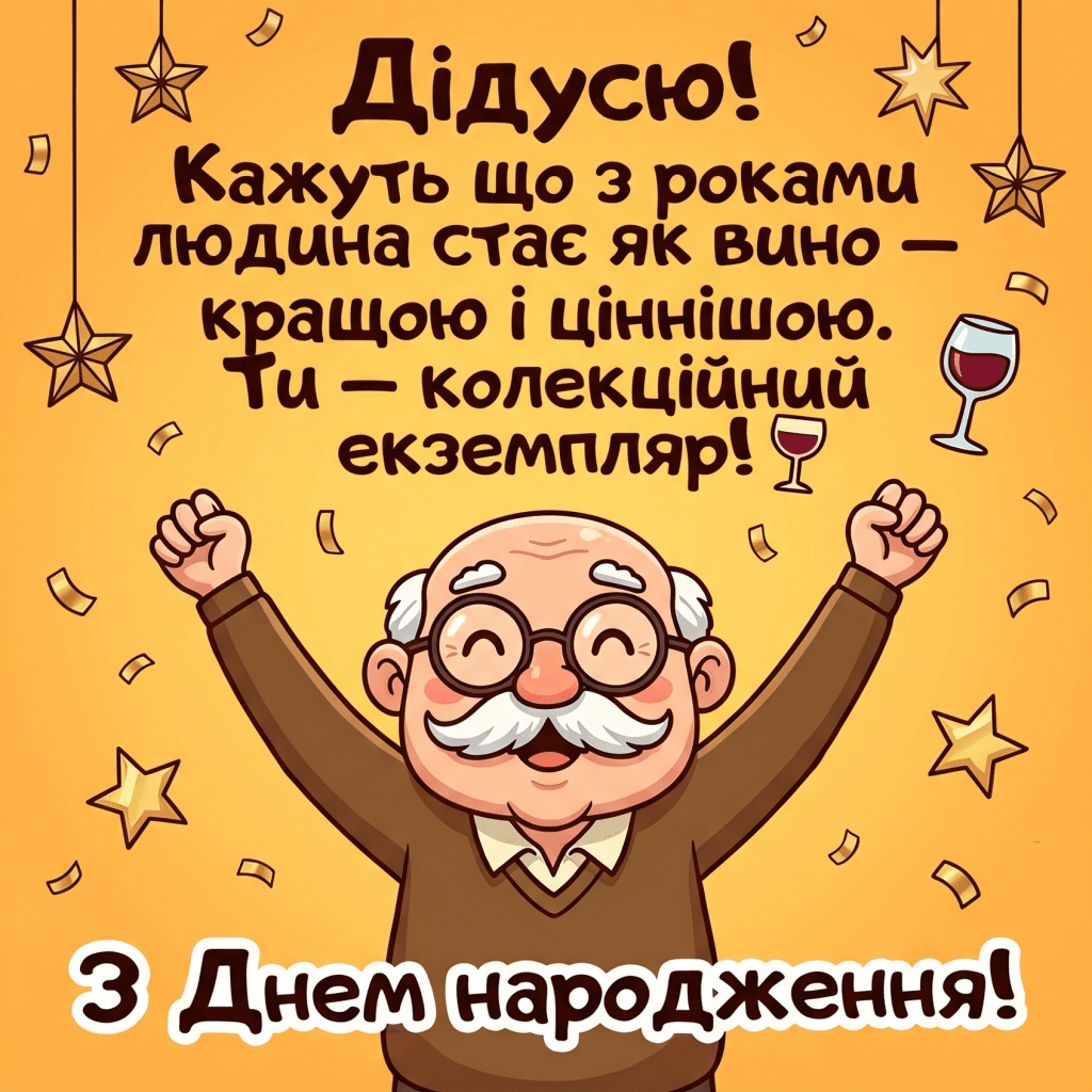 смішні привітання дідусю з днем народження — гумор вино дідусь жарт весела листівка картинка