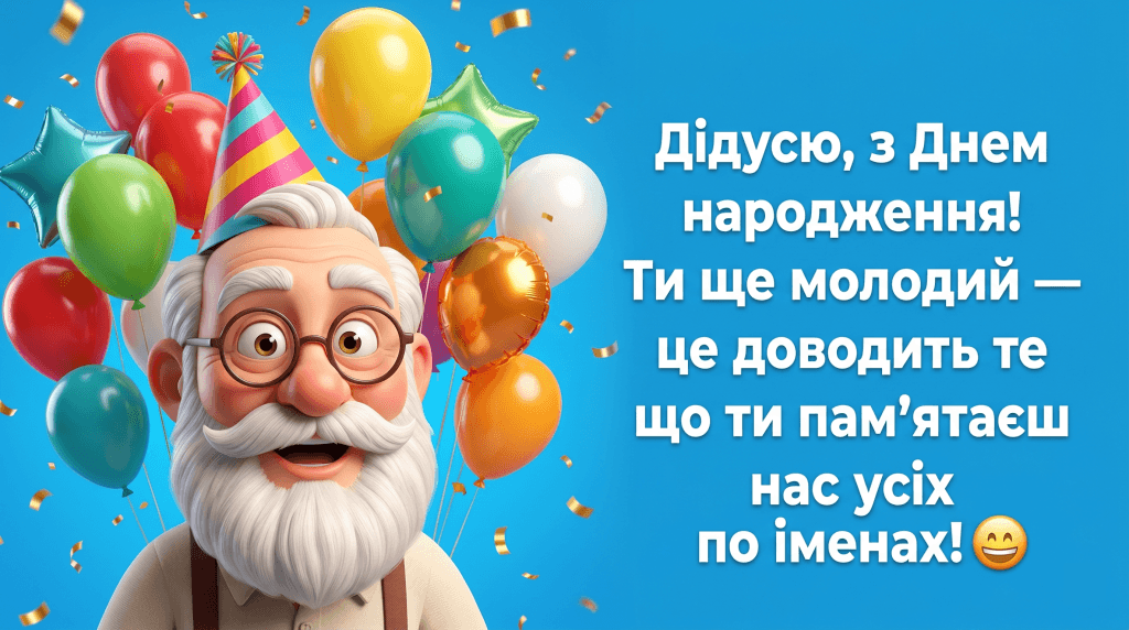 смішні привітання дідусю з днем народження — мультяшний дідусь ковпак жарт гумор листівка