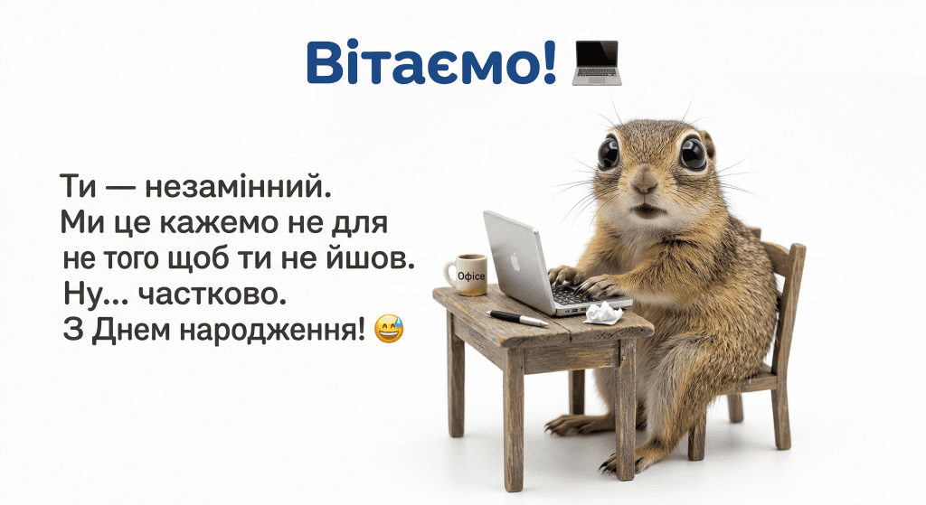смішні привітання колезі з днем народження — білка ноутбук офіс незамінний жарт гумор мем