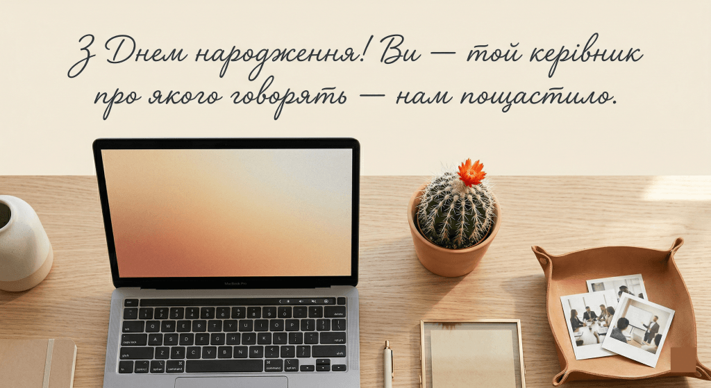 теплі слова начальнику на день народження — ноутбук мінімалізм дерево кактус тепла листівка