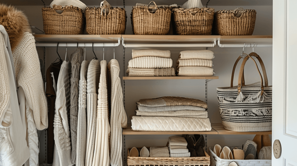 як зберігати зимові речі влітку правильно — організована шафа светри полиці кошики сезонний одяг