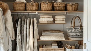 як зберігати зимові речі влітку правильно — організована шафа светри полиці кошики сезонний одяг
