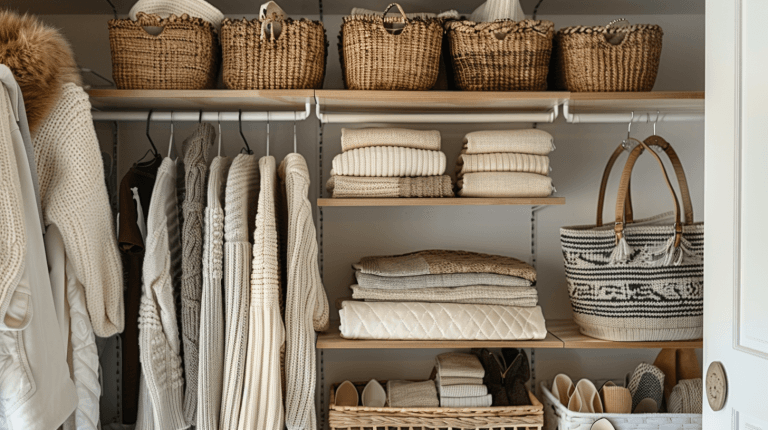 як зберігати зимові речі влітку правильно — організована шафа светри полиці кошики сезонний одяг