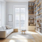 як організувати зберігання речей у маленькій квартирі — світла мінімалістична кімната з полицями до стелі