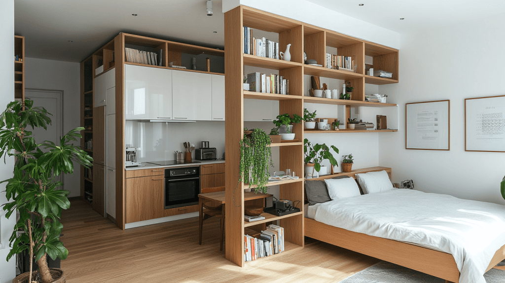 ідеї зберігання для квартири студії без місця — стелаж як перегородка між зонами