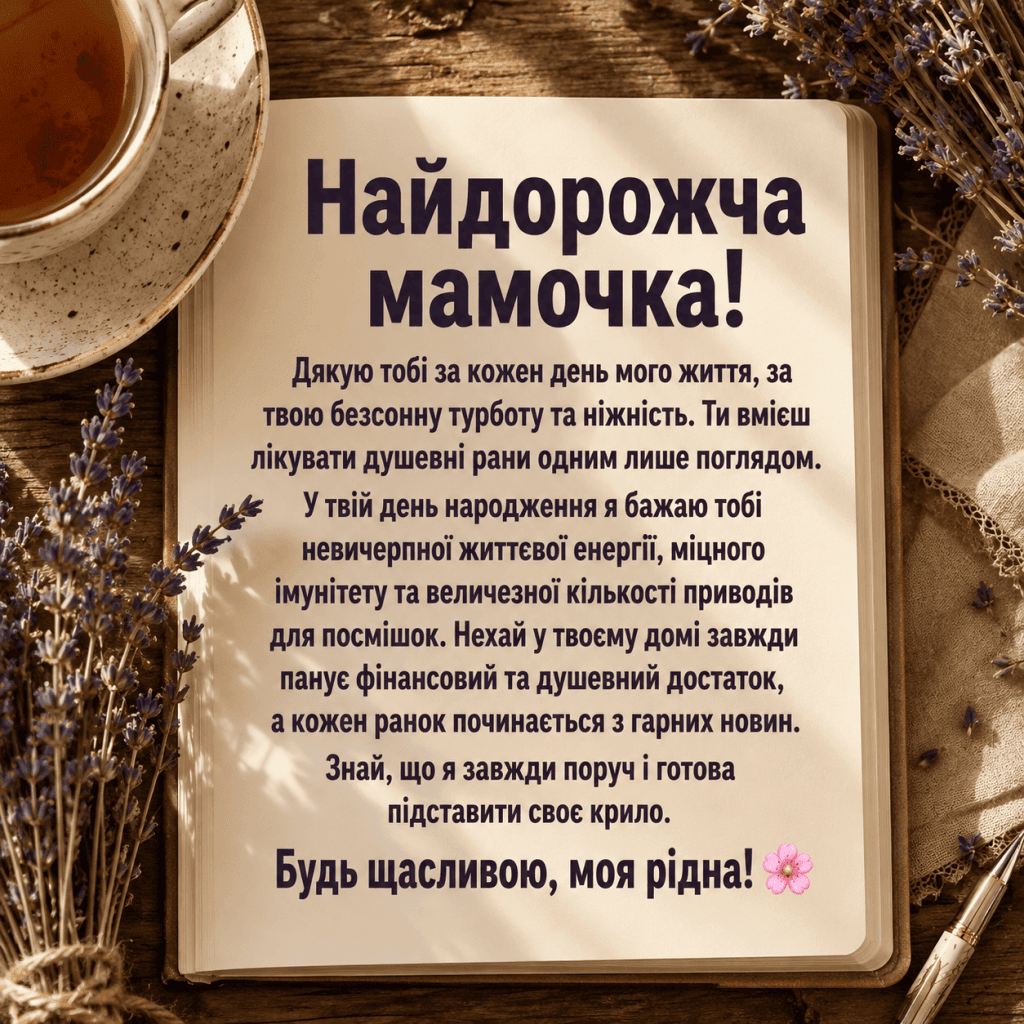Затишний натюрморт зверху з чашкою чаю та лавандою поруч із фразою про материнське серце.