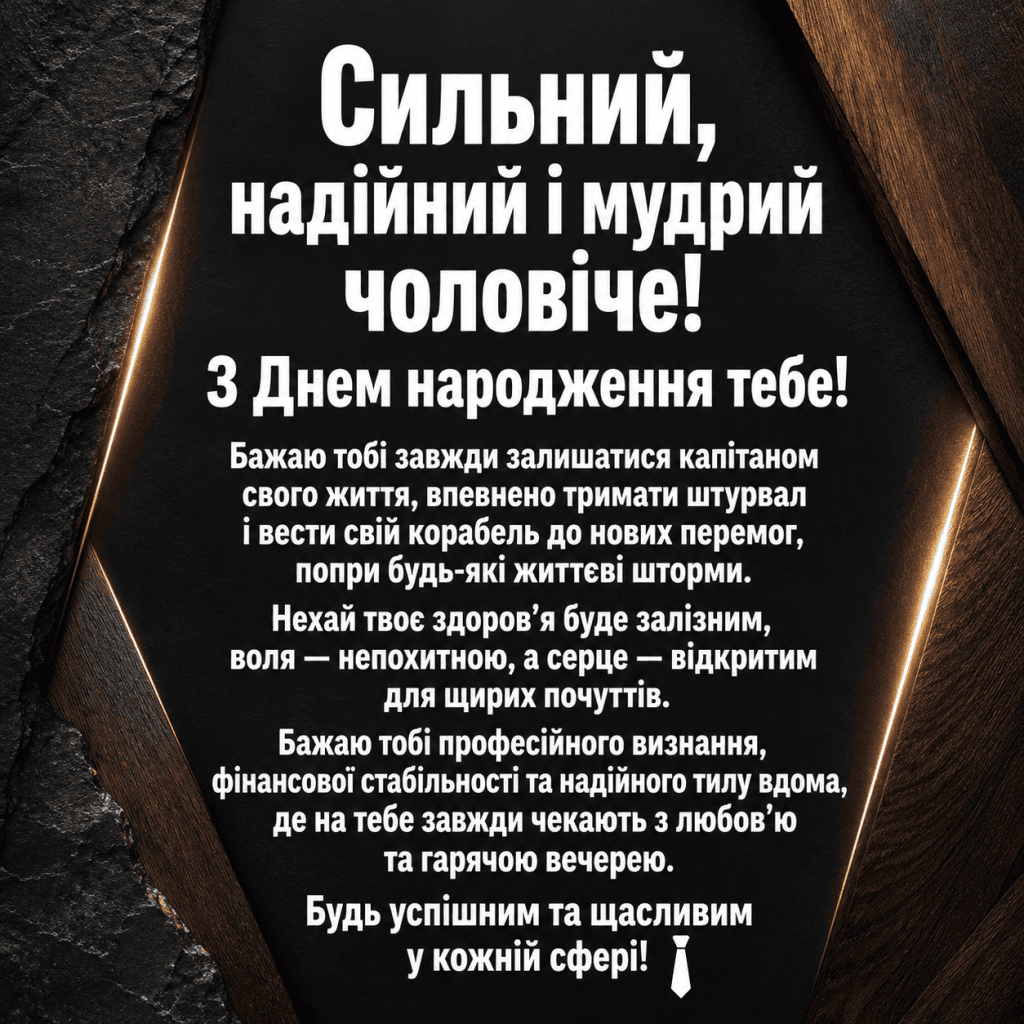 Текстурне темне дерево та камінь із мотивуючим білим написом для привітання чоловіка.