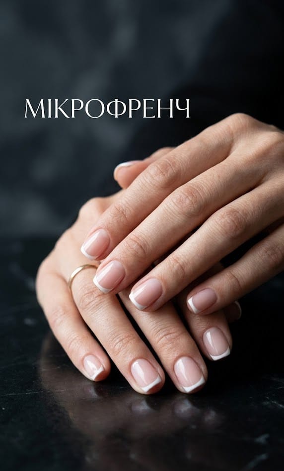 Френч на короткі нігті м'який квадрат: ідеальне виконання мікрофренча без зайвих деталей.