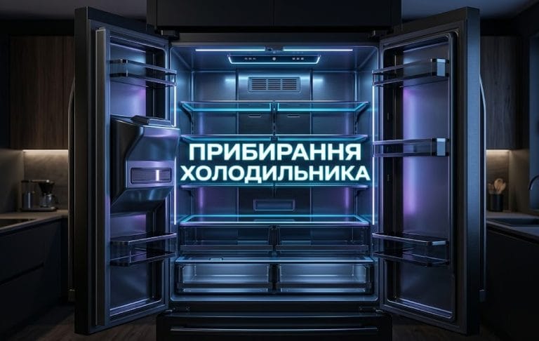 Відкритий сучасний холодильник з високотехнологічною підсвіткою та ідеально чистими порожніми полицями під час генерального прибирання.