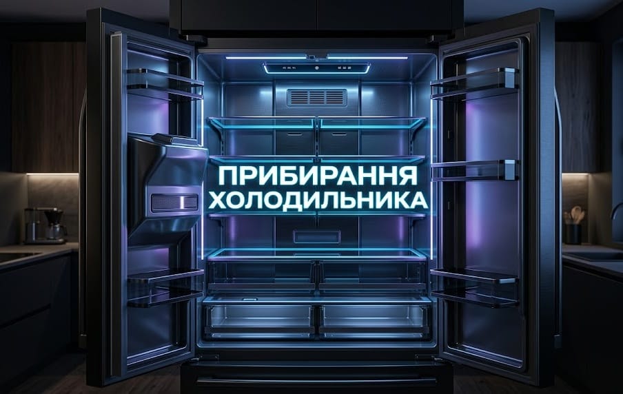 Відкритий сучасний холодильник з високотехнологічною підсвіткою та ідеально чистими порожніми полицями під час генерального прибирання.
