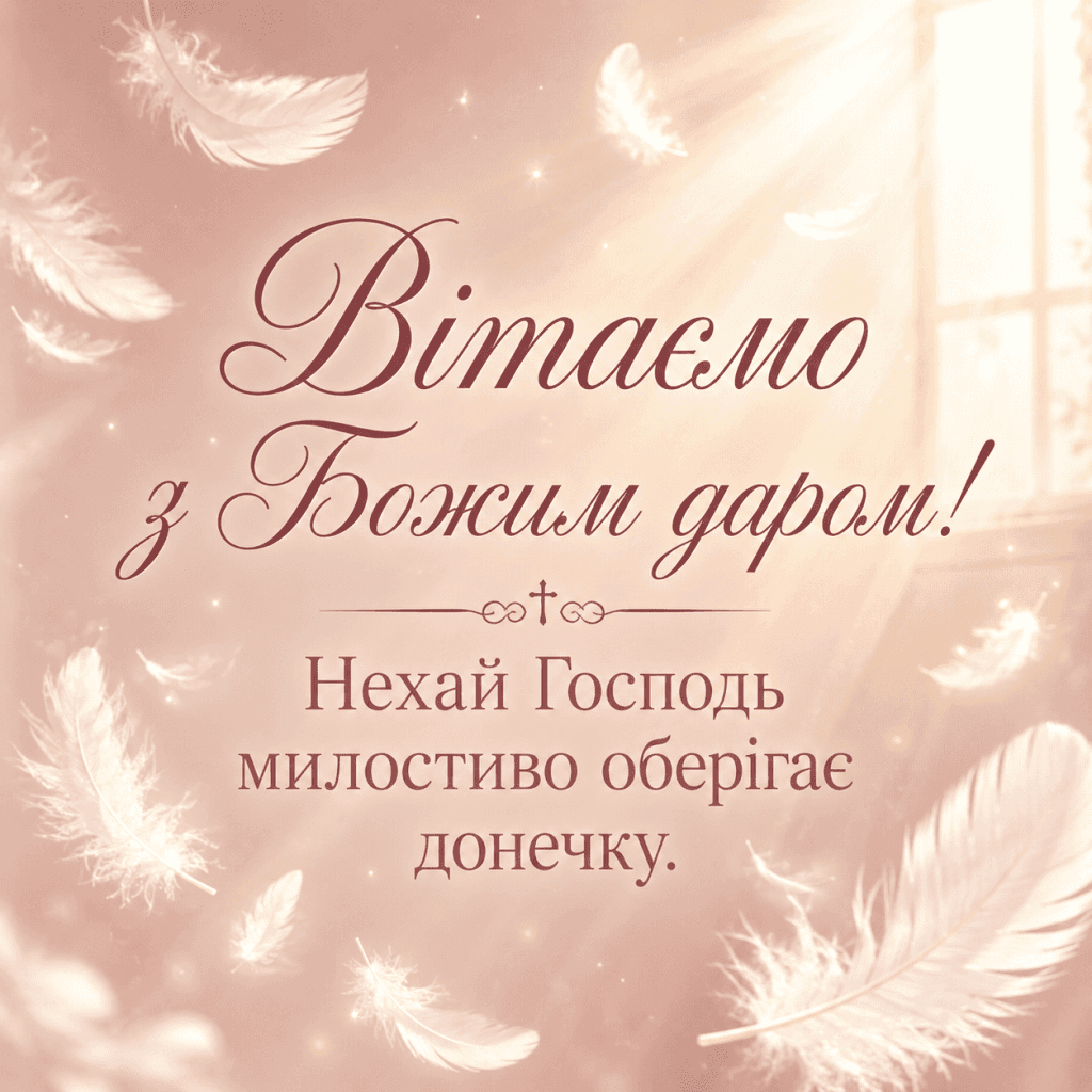 Християнські привітання з народженням донечки зі світлом та пір'ям.