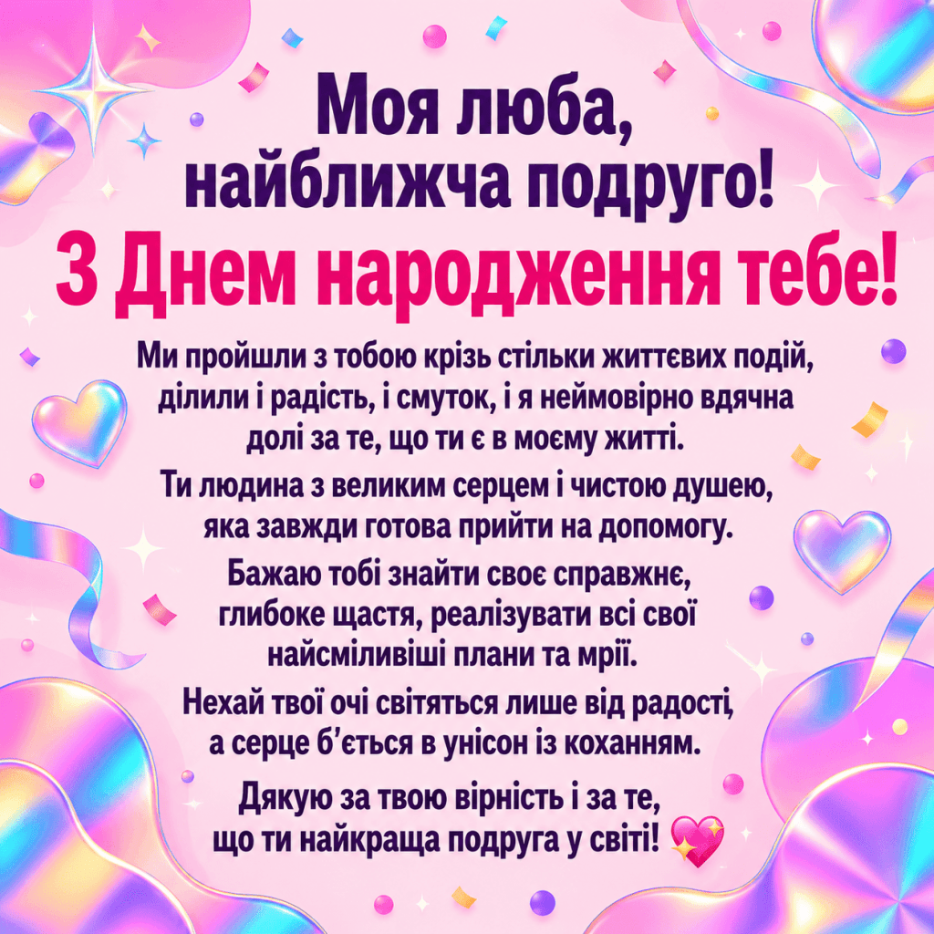 Яскраве святкове тло з голографічним конфеті та словами вдячності найкращій подрузі.