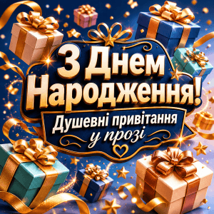 Красиві подарункові коробки у 3D стилі з написом про душевні привітання з днем народження у прозі.