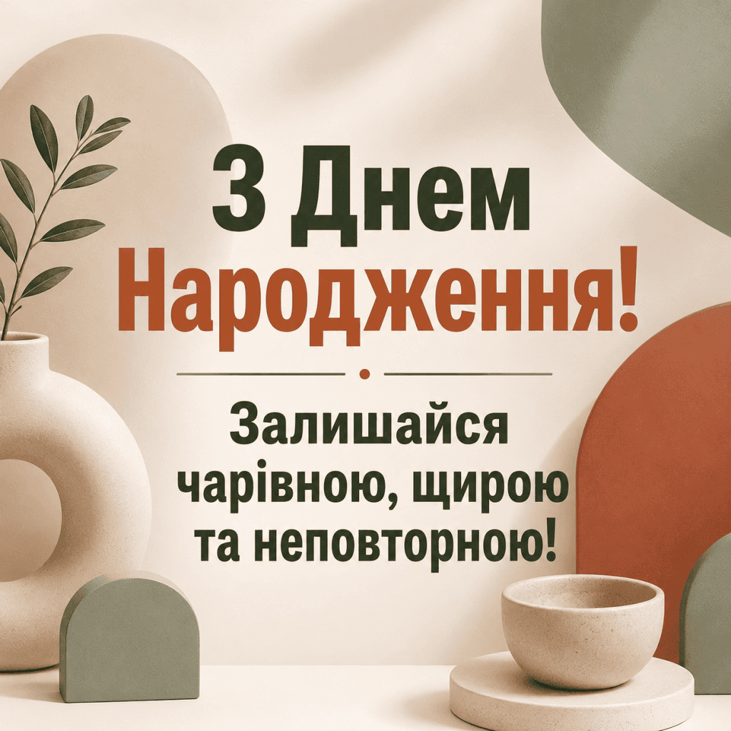 Естетичні пастельні геометричні фігури та напис із побажанням залишатися чарівною та неповторною.