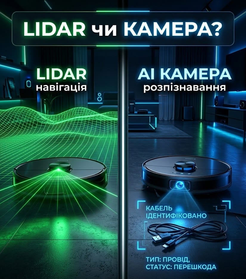 Порівняння систем навігації сучасних роботів пилососів: лазерний lidar проти розумної камери штучного інтелекту.