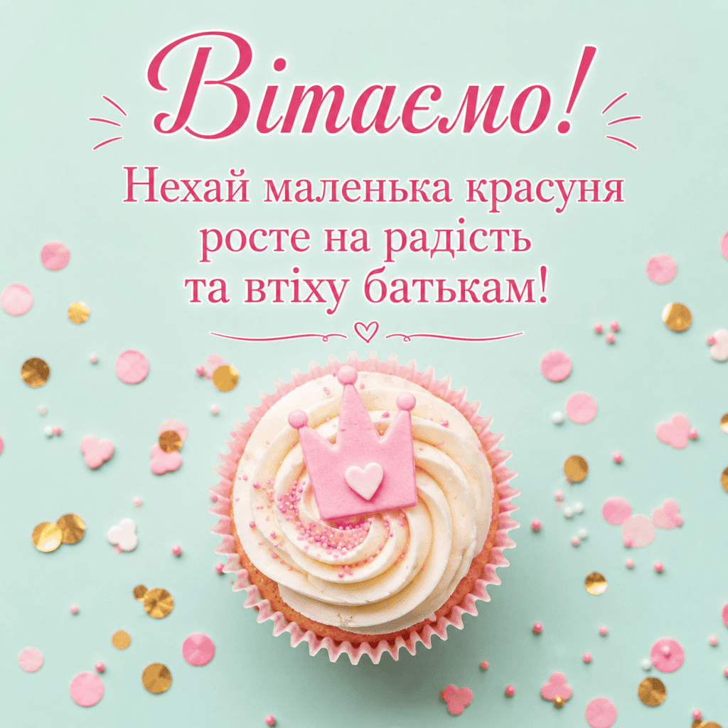 Як гарно підписати листівку на народження дитини картинка з тістечком.