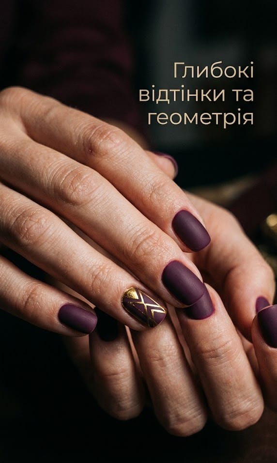 Крупний план жіночих пальців з манікюром на короткі нігті глибокого сливового кольору. На одному нігті виконано тонку золоту геометричну лінію як виразний акцент. Тренди манікюру 2026: глибокі відтінки та геометрія.