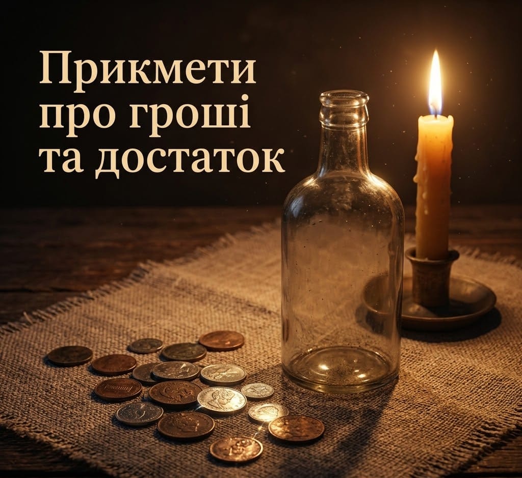 Українські прикмети про гроші: старовинні монети поруч із порожнім скляним бутлем на столі.