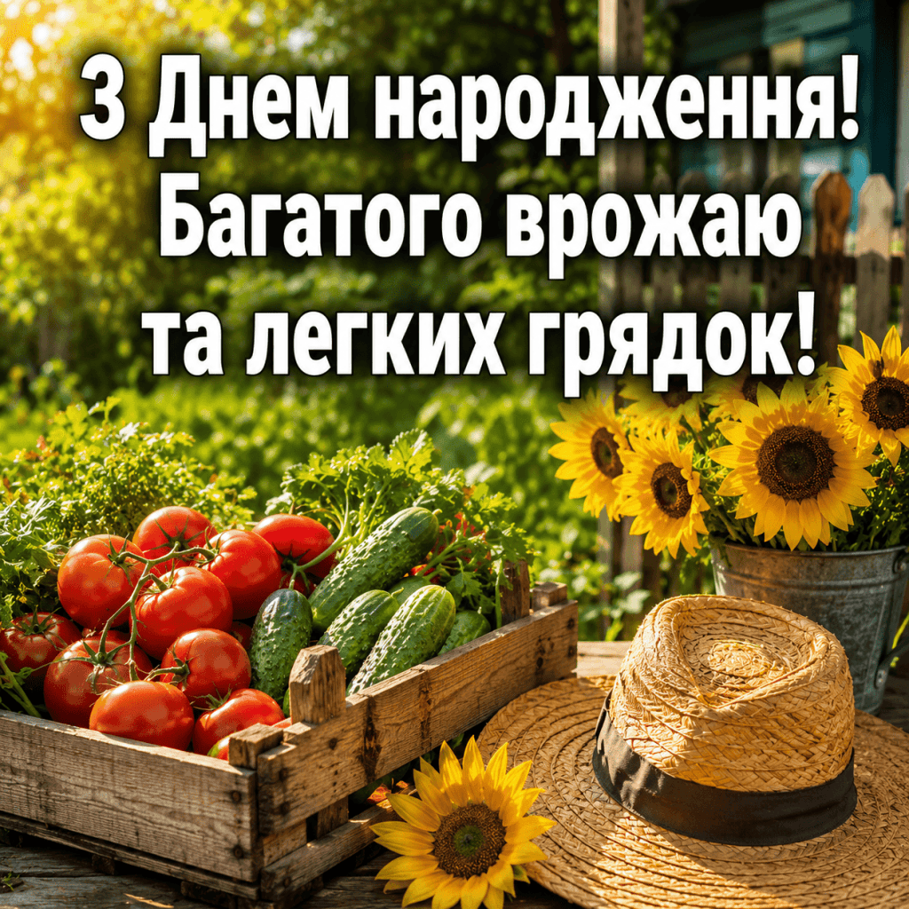 Прикольні вітання з днем народження сусідці по дачі на фоні соняшників та багатого врожаю.