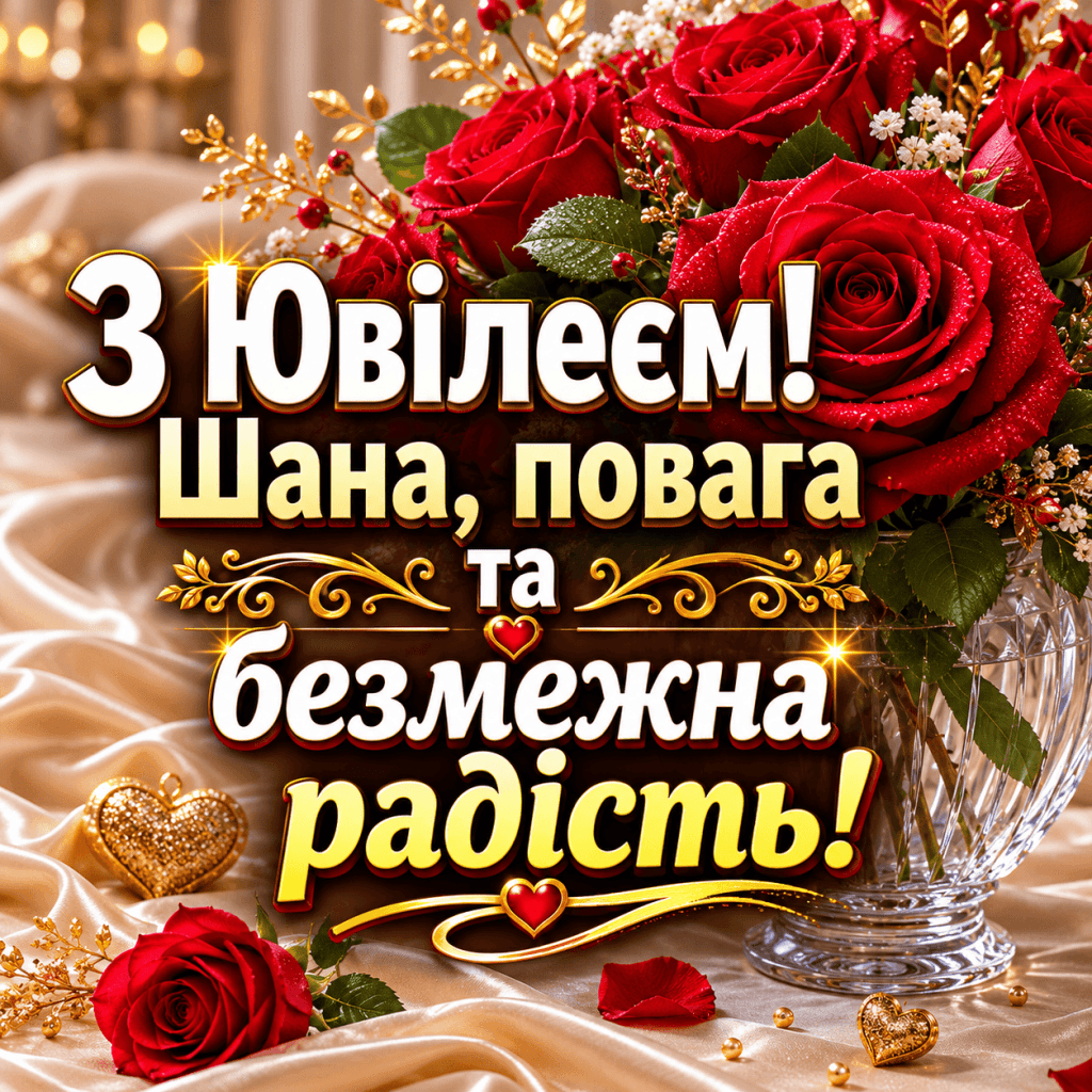 Урочисте привітання з ювілеєм сусідці в прозі до сліз з червоними трояндами та золотим декором.