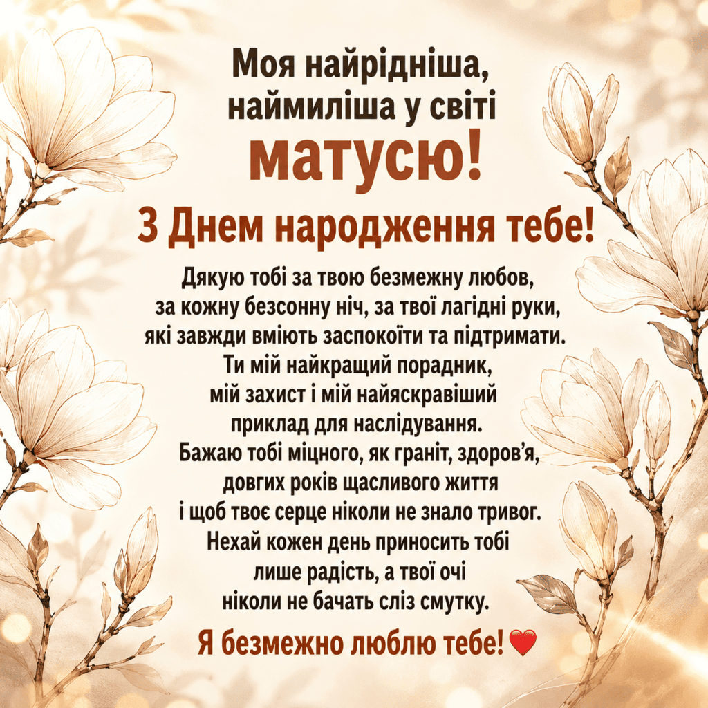 Графічний малюнок магнолії у світлих сонячних променях із написом подяки мамі від дочки.