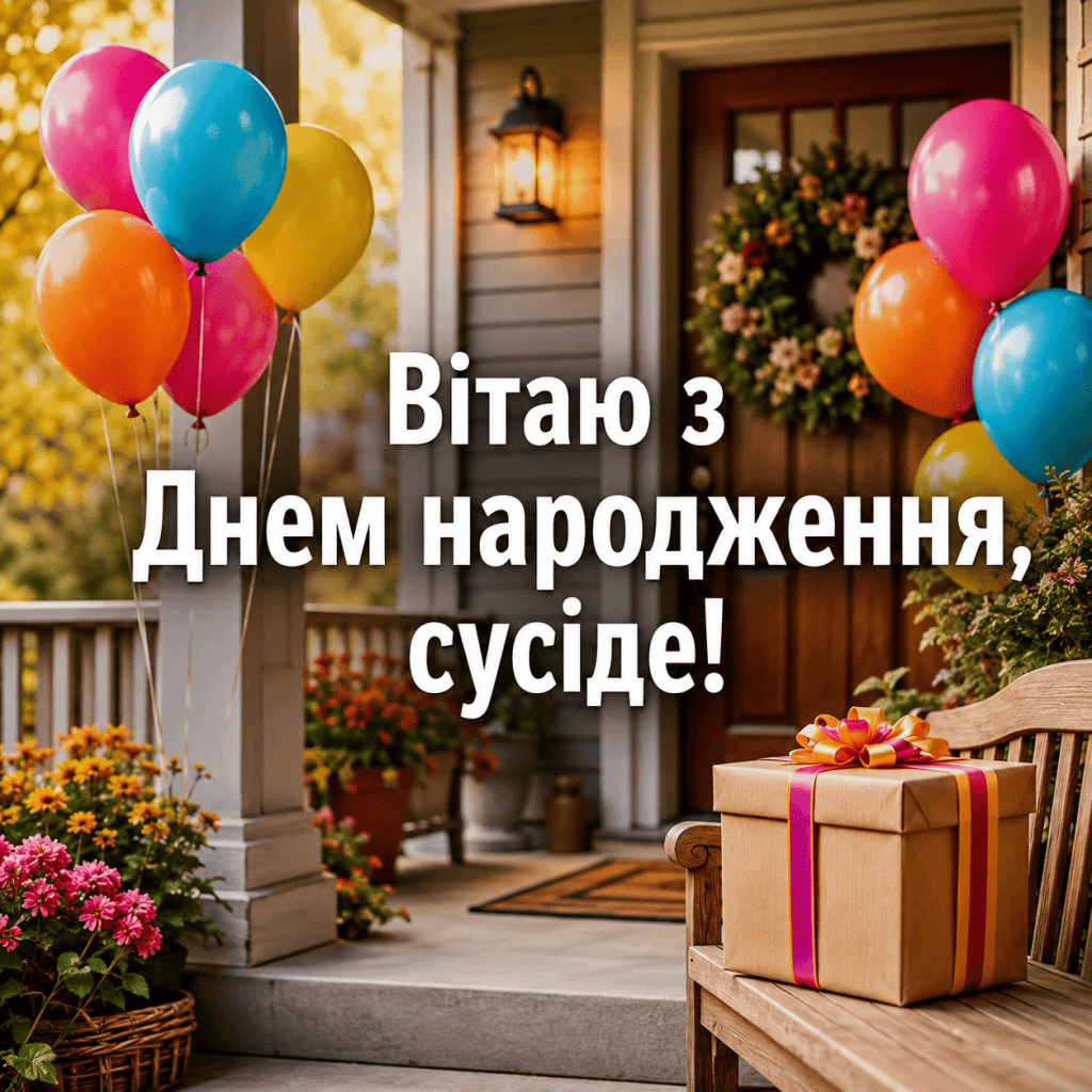 Гарні привітання з днем народження сусідці та сусіду у вигляді святкової листівки для зміцнення добросусідства.