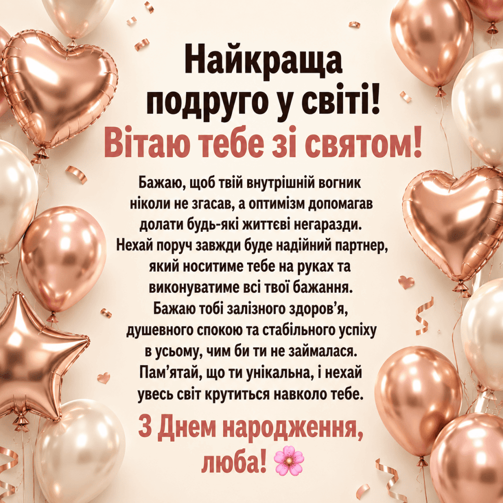 Стильні глянцеві 3D кульки кольору рожевого золота поруч із побажанням щастя для подруги.