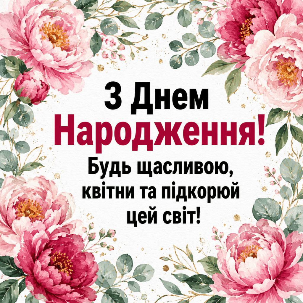 Акварельні квіти півонії та золоті бризки навколо привітання жінці з днем народження.