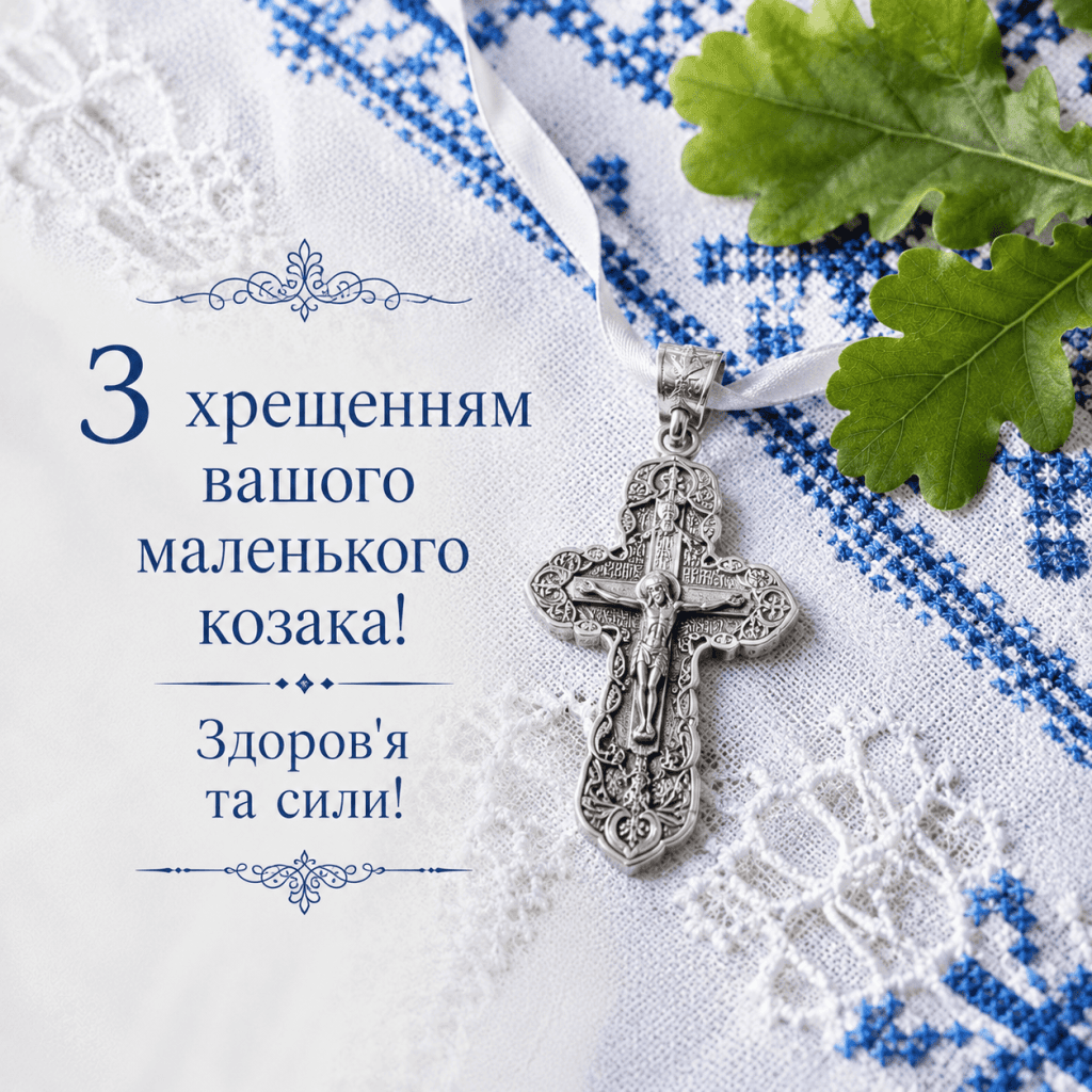 Срібний хрестик на традиційній українській вишивці для привітання хлопчика з хрестинами.