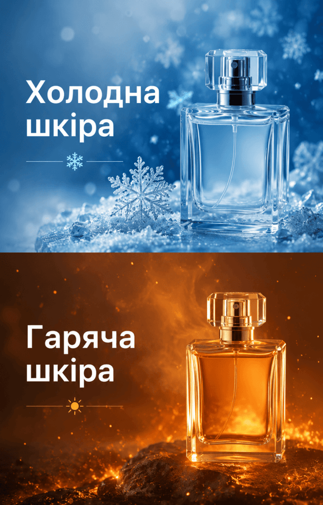 Візуальне порівняння розкриття аромату парфумів на холодній та гарячій шкірі.