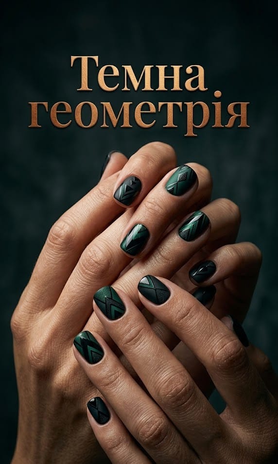Стильний темний манікюр на коротку довжину з геометричним дизайном на чорному тлі.