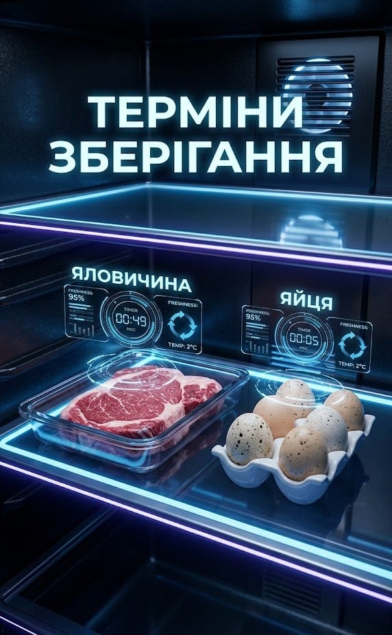 Терміни зберігання сирих продуктів у холодильнику: м'ясо та яйця на полиці з цифровими індикаторами свіжості.