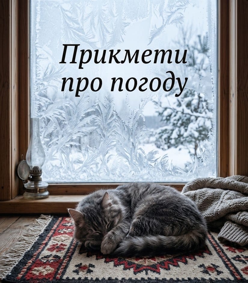 Пухнастий кіт ховає ніс у лапки на тлі вікна з морозними візерунками — українська прикмета про наближення холодів.