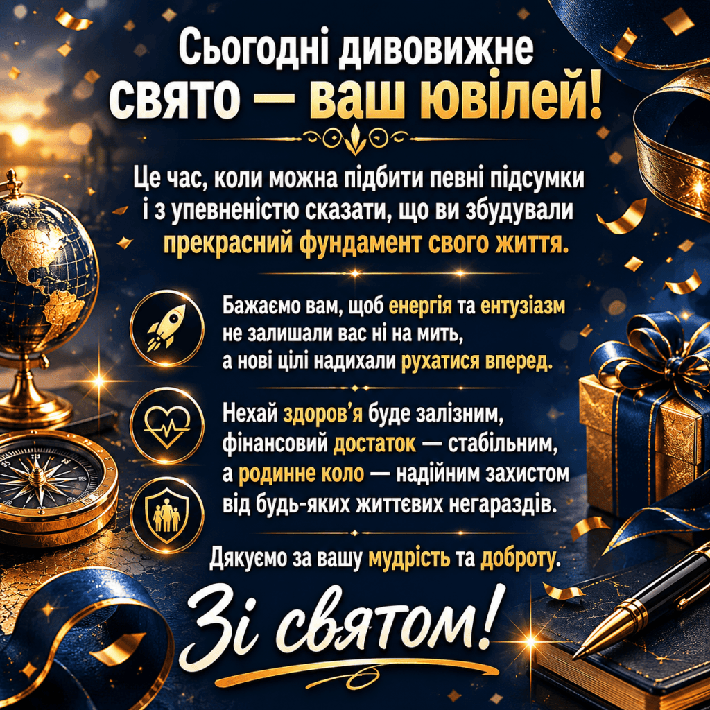 Золоте конфеті та шовкові стрічки у променях світла з урочистим написом про круглу дату ювілею.