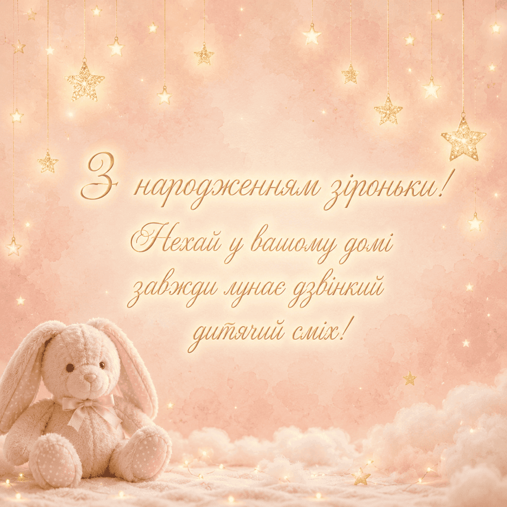 Скачати гарні відкритки з народженням донечки із зірочками та плюшевим зайчиком.