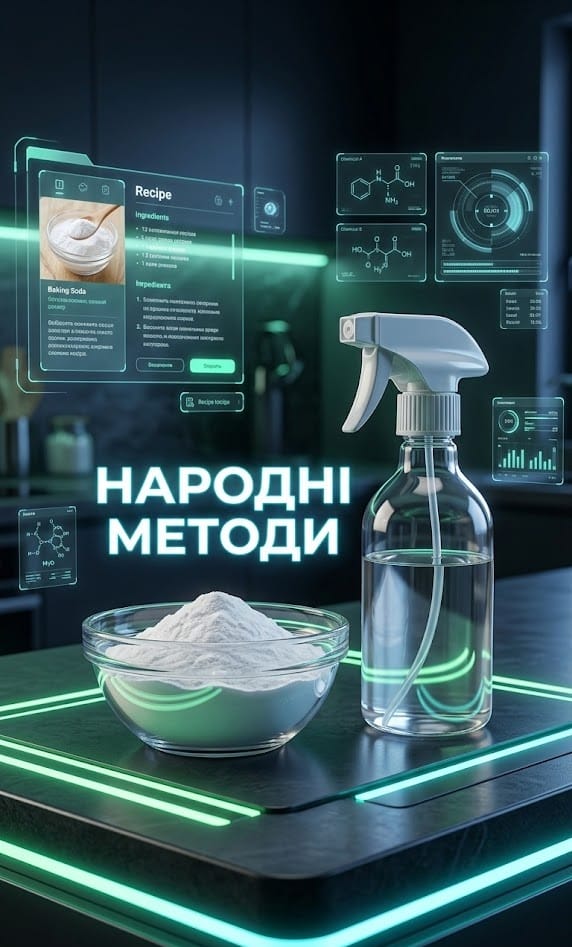 Засоби для безпечного миття холодильника та усунення неприємного запаху всередині: харчова сода та оцет на сучасному столі.