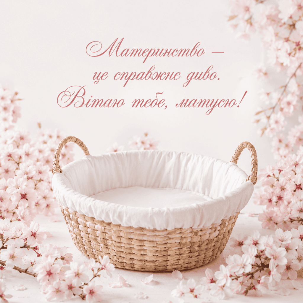 Зворушливі привітання з народженням донечки своїми словами на фоні колиски та квітів.