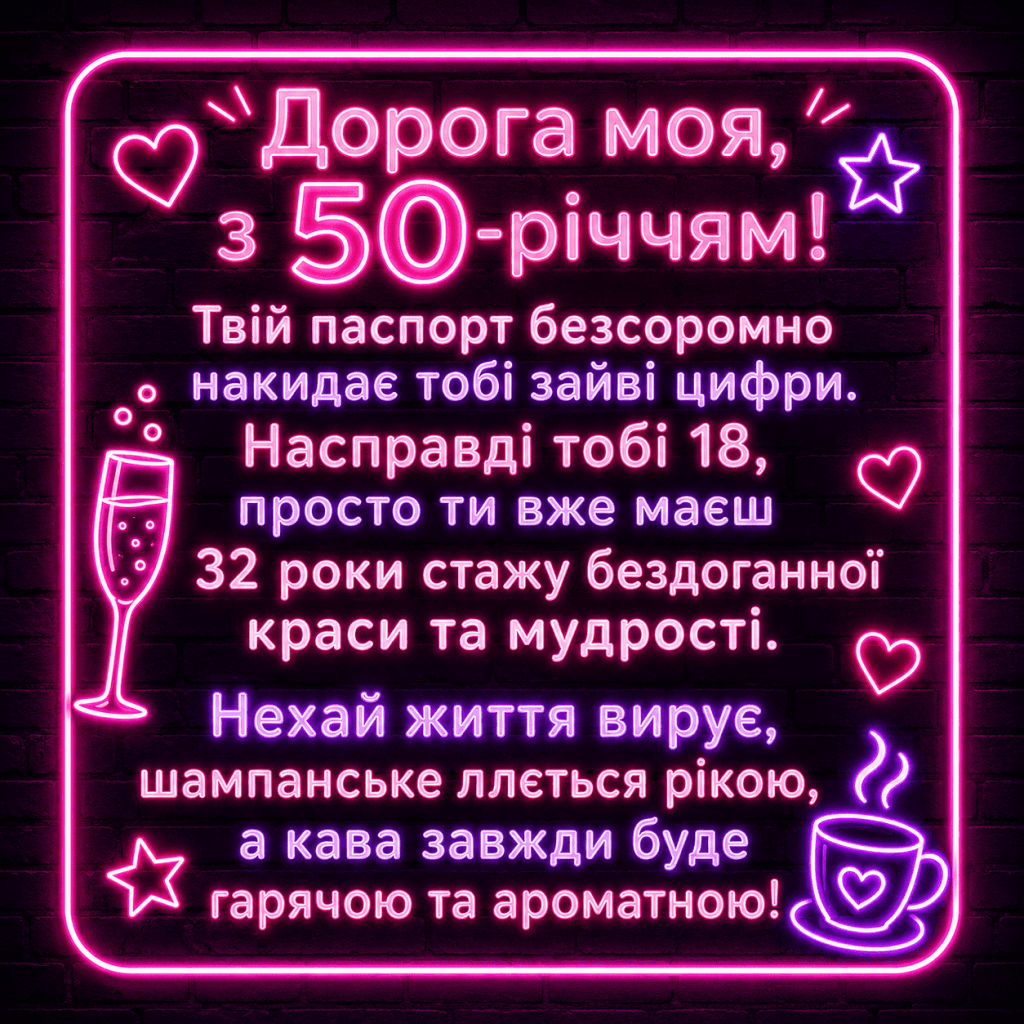Неонова вивіска з написом 50 років це нові 18 на темному фоні для статті про ювілей жінки.