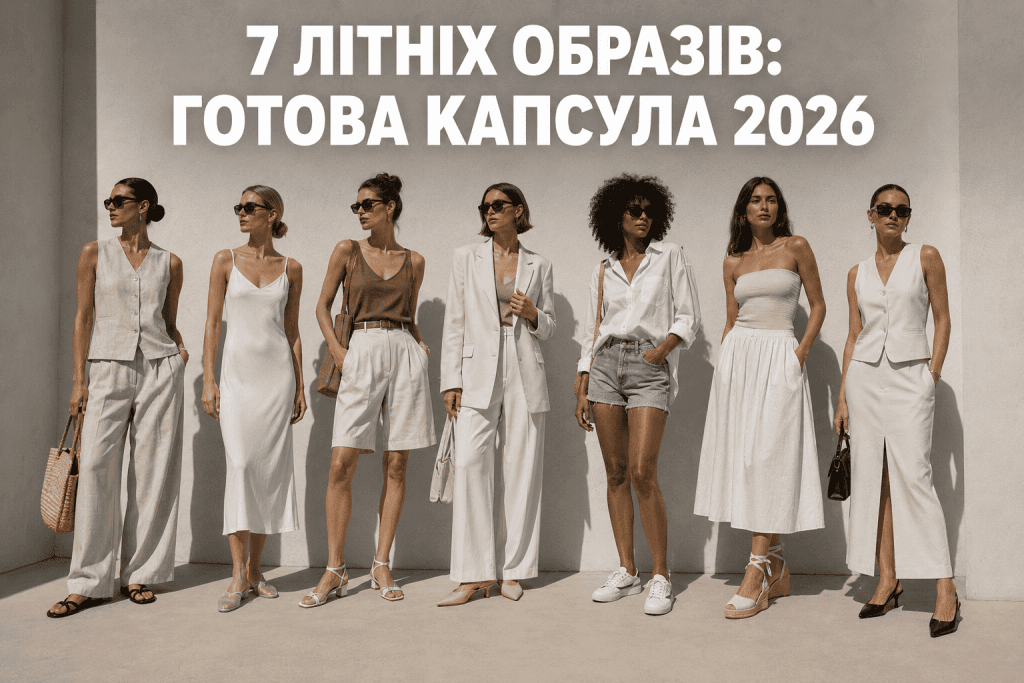 Модний літній лукбук із семи жінок, які стоять у ряд на тлі лаконічної світлої архітектури. Кожна жінка демонструє унікальний образ із літнього капсульного гардероба (лляні штани, сукні-міді, шорти) та одну з 7 базових моделей трендового взуття 2026 року.