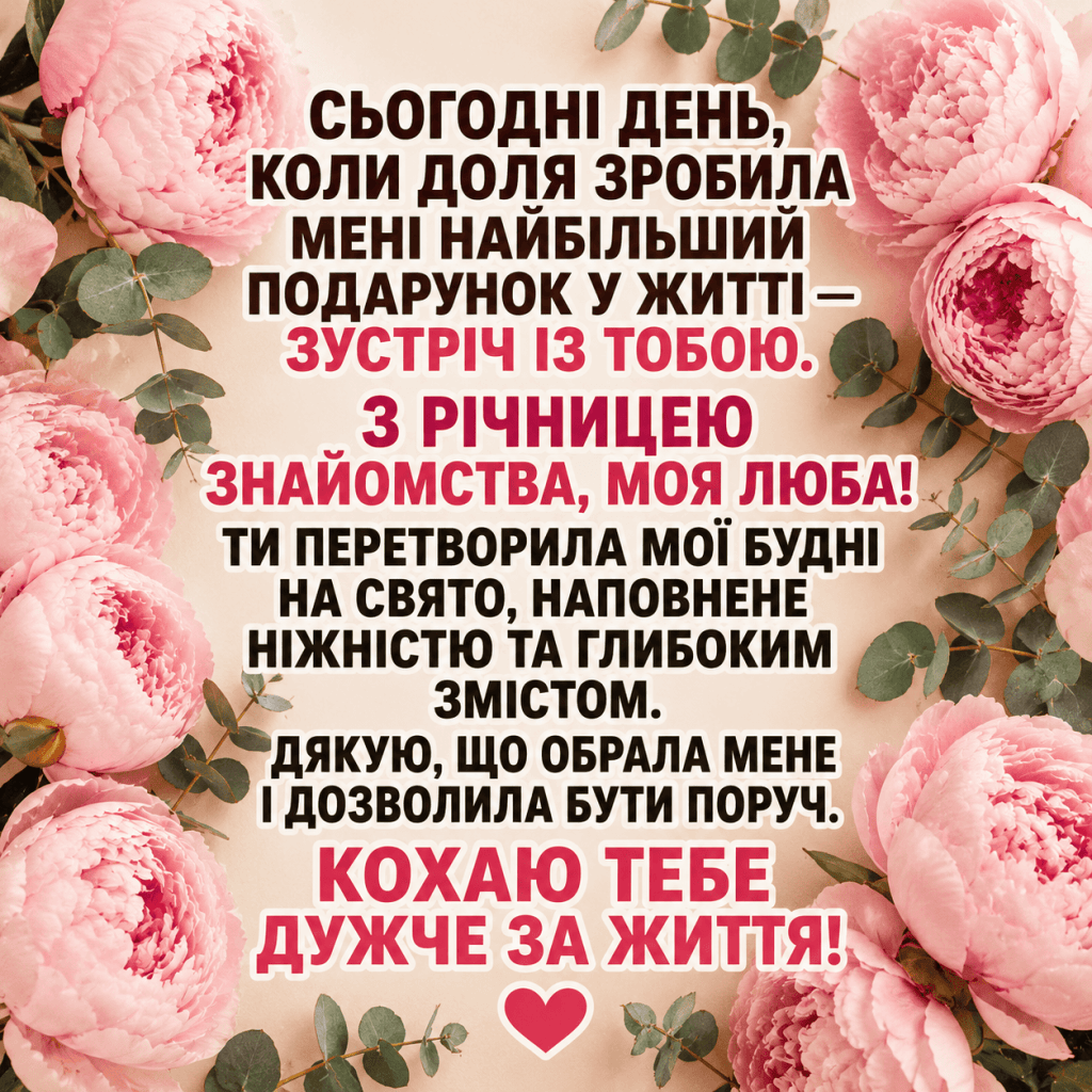 Ніжні весняні півонії та велике привітання для дівчини з річницею знайомства.