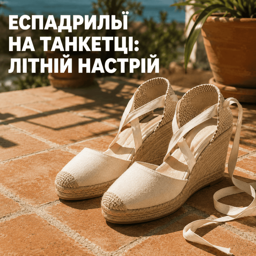 Бежеві еспадрильї на джутовій танкетці та з зав'язками, що стоять на терасі біля басейну.