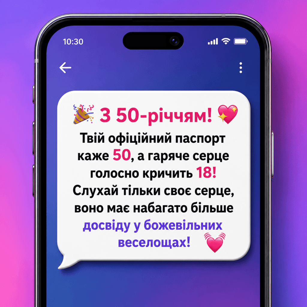 Графічне зображення екрана телефона з текстом прикольного смс привітання на 50 років жінці.