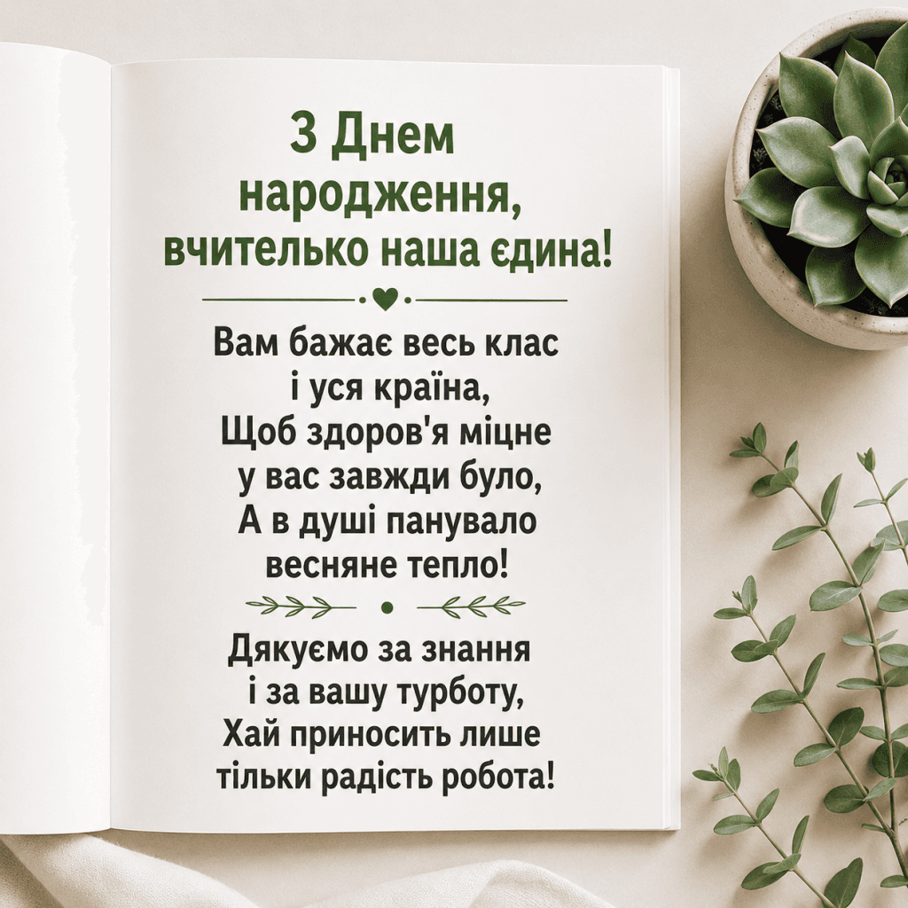Листівка з короткими віршами з днем народження вчителю від класу