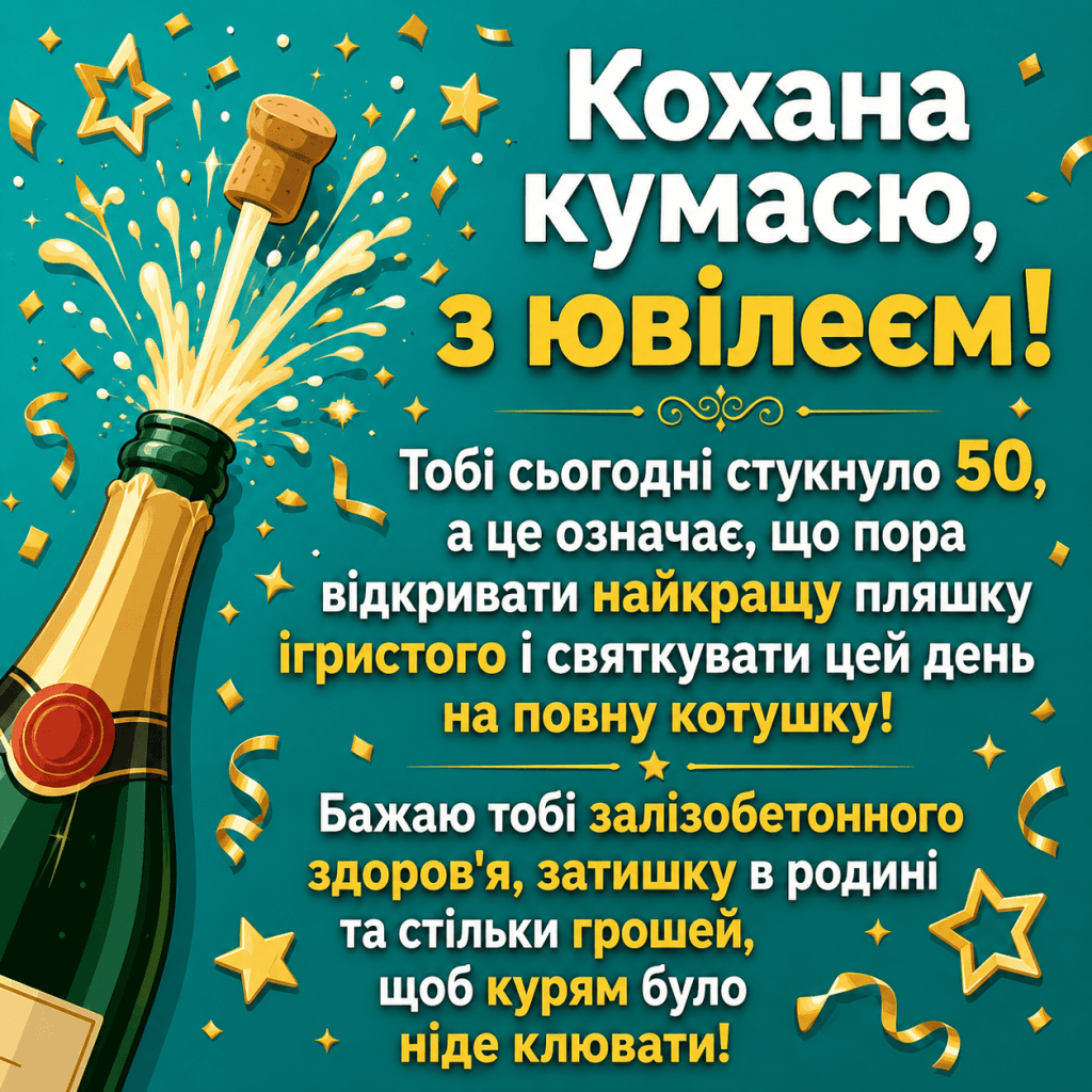 Ілюстрація з пляшкою шампанського та конфеті для жартівливого привітання куми з 50-річчям.