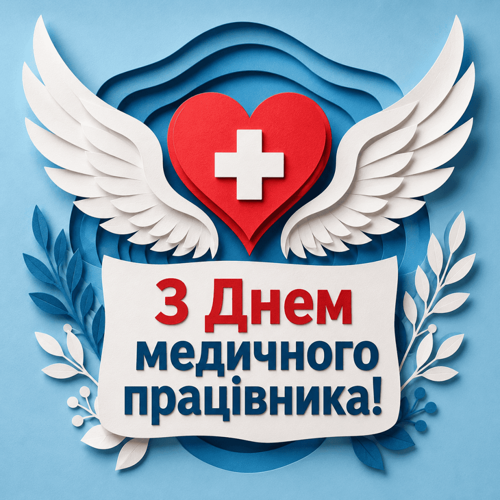 Листівка у стилі паперового мистецтва з привітанням для ангелів-охоронців у білих халатах.