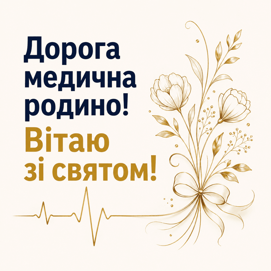 Елегантна лінійна листівка з золотими елементами для привітання медичного колективу.
