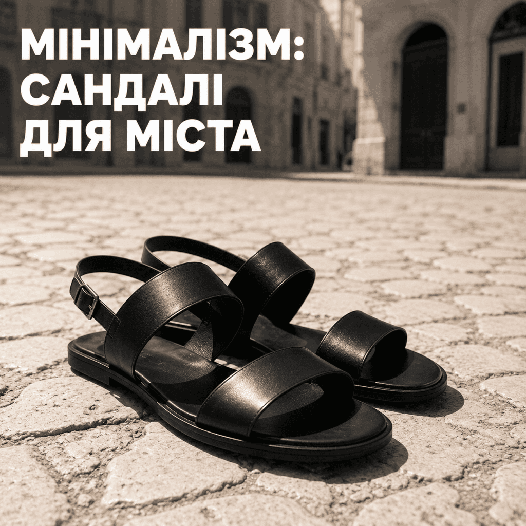 Класичні чорні шкіряні сандалі на плоскій підошві, що стоять на старій бруківці в центрі міста в сонячний день.